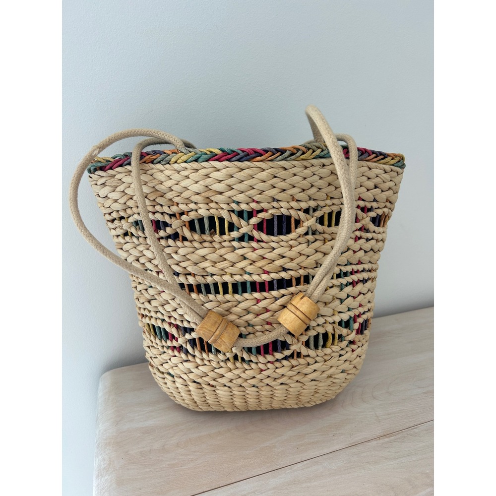 Boho Multi Color Woven Straw Tote Bag Beach‎ Shoulder Bag with Wooden Beads